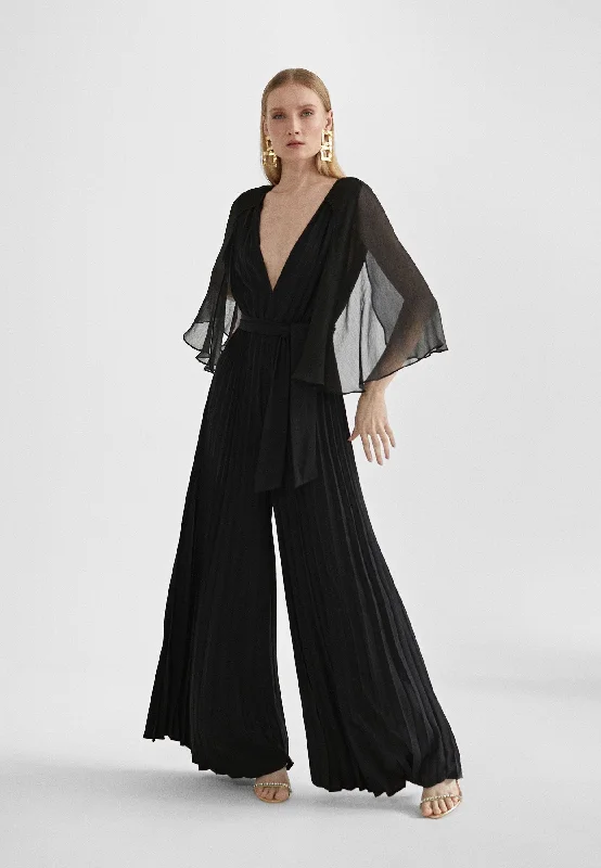 Pleated jumpsuit with cape sleeves