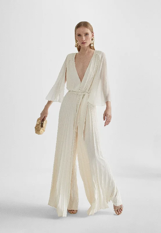 Pleated jumpsuit with cape sleeves