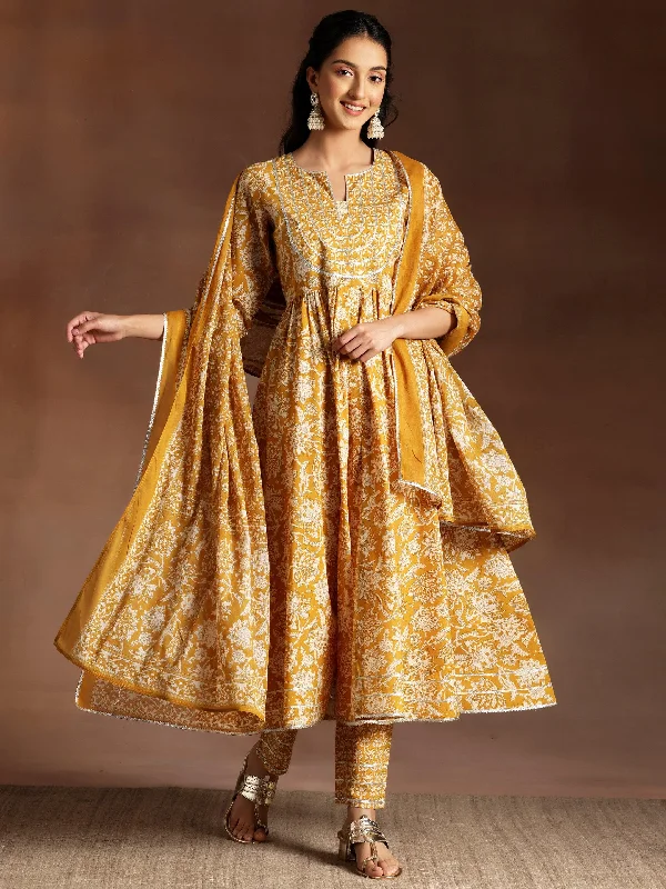 Mustard Printed Cotton Anarkali Suit With Dupatta