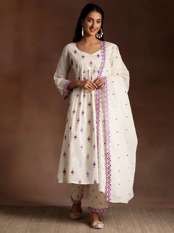 Off White Embroidered Cotton Anarkali Suit With Dupatta