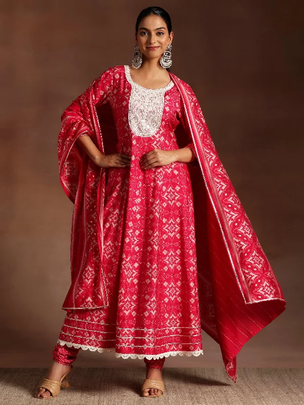 Pink Printed Silk Blend Anarkali Suit With Dupatta