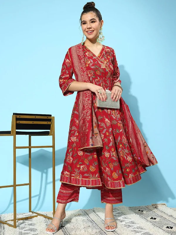 Red Printed Silk Blend Anarkali Suit With Dupatta