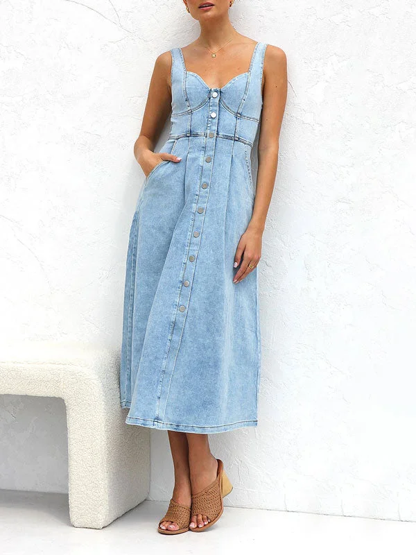 Strap V Neck Denim Dress