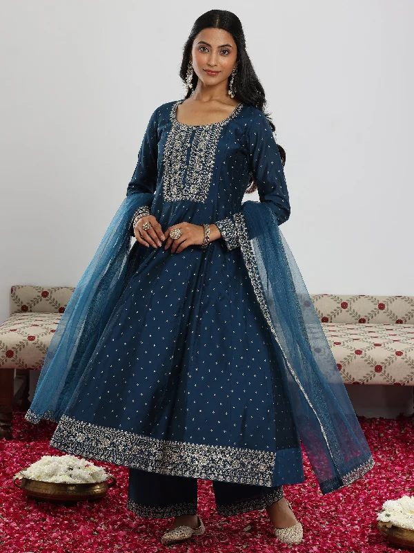 Teal Embroidered Chanderi Silk Anarkali Suit With Dupatta