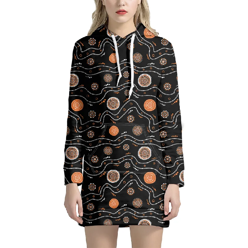 White And Orange Aboriginal Art Print Pullover Hoodie Dress