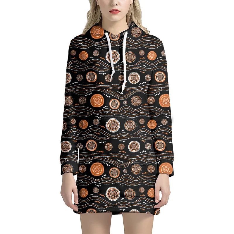 White And Orange Aboriginal Dot Print Pullover Hoodie Dress