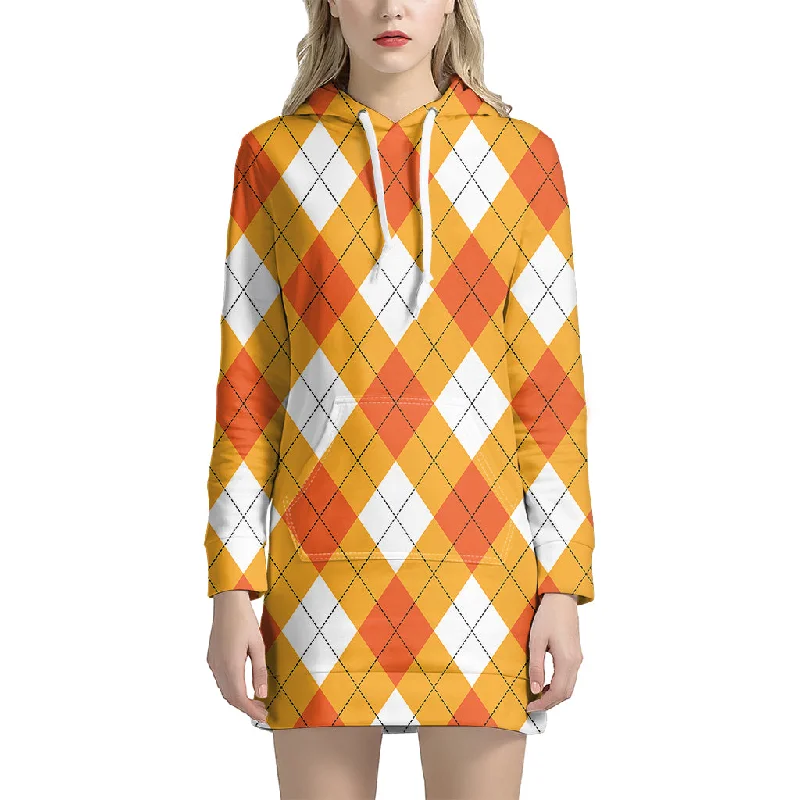 White And Orange Argyle Pattern Print Pullover Hoodie Dress