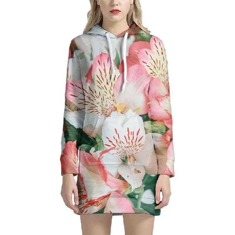 White And Pink Alstroemeria Print Pullover Hoodie Dress