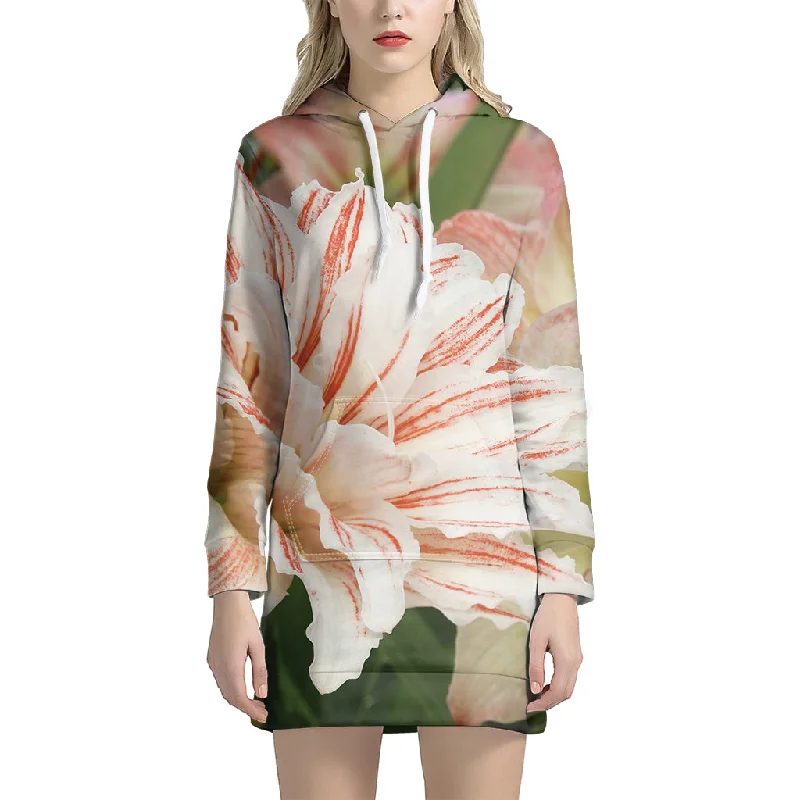 White And Pink Amaryllis Print Pullover Hoodie Dress