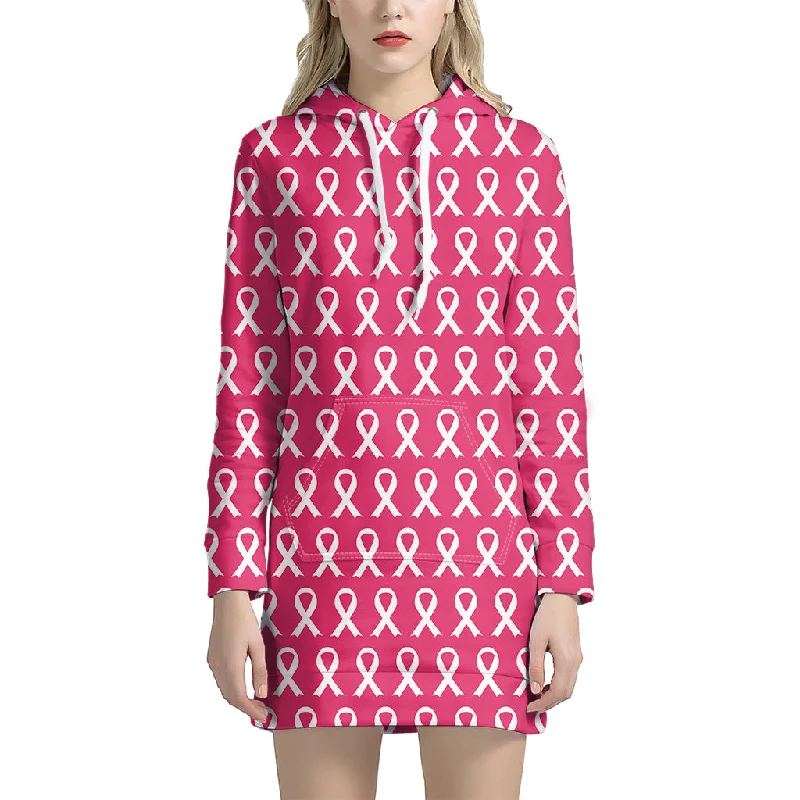 White And Pink Breast Cancer Print Pullover Hoodie Dress