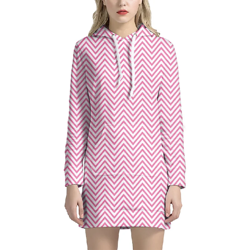 White And Pink Zigzag Pattern Print Pullover Hoodie Dress