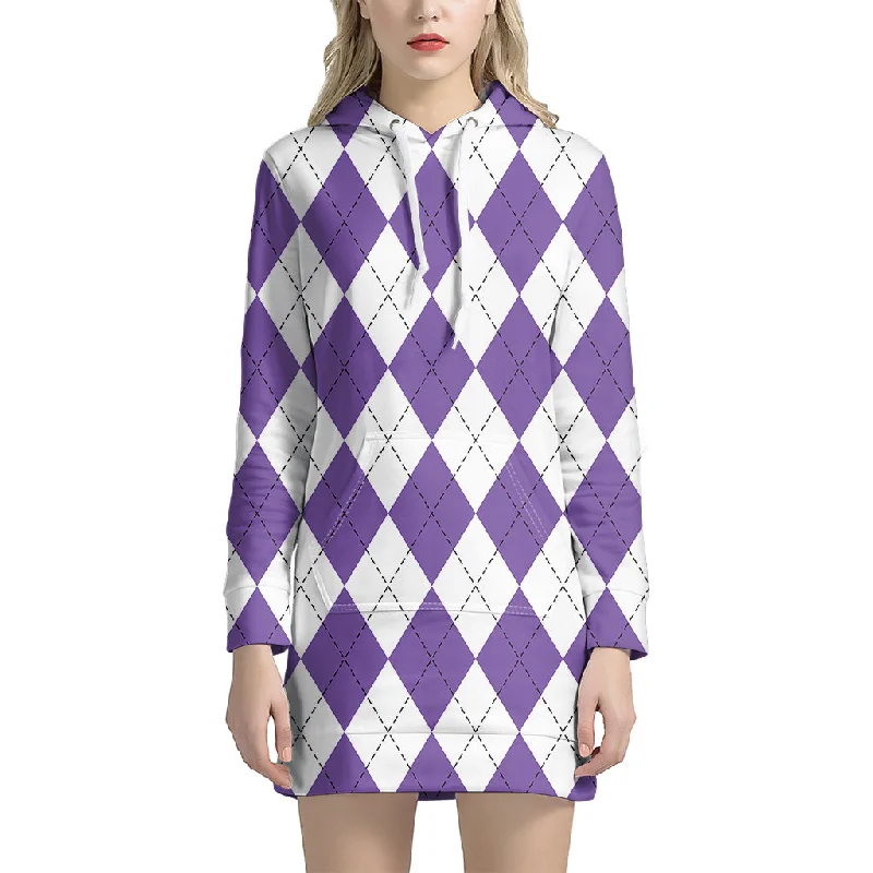 White And Purple Argyle Pattern Print Pullover Hoodie Dress