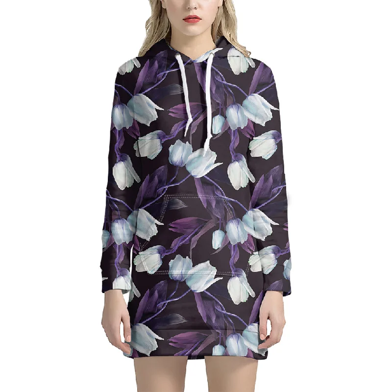 White And Purple Tulip Pattern Print Pullover Hoodie Dress