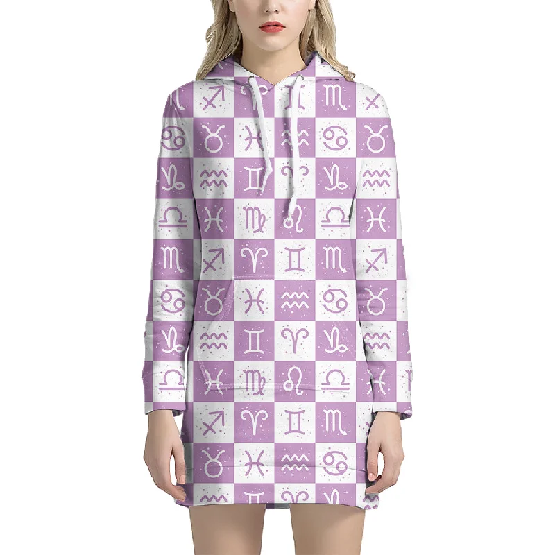 White And Purple Zodiac Signs Print Pullover Hoodie Dress