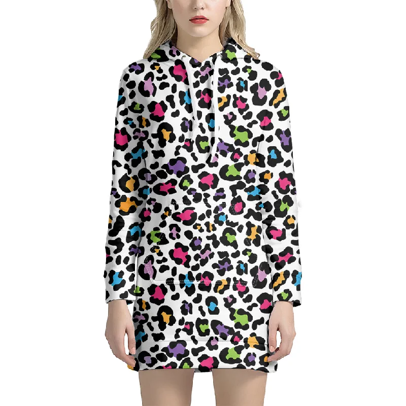 White And Rainbow Leopard Print Pullover Hoodie Dress