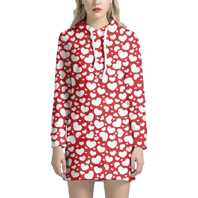 White And Red Heart Pattern Print Pullover Hoodie Dress