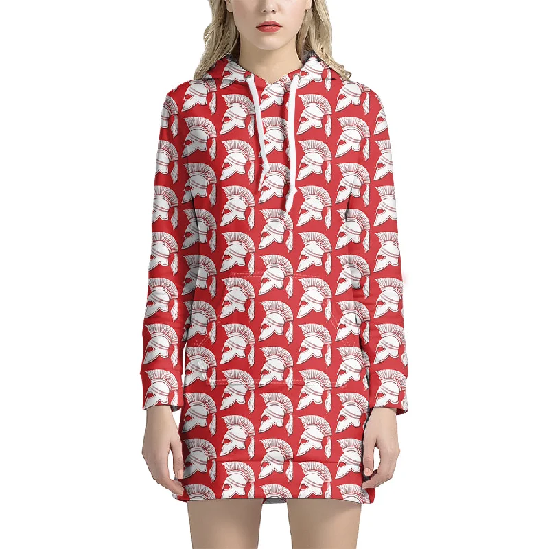 White And Red Spartan Pattern Print Pullover Hoodie Dress