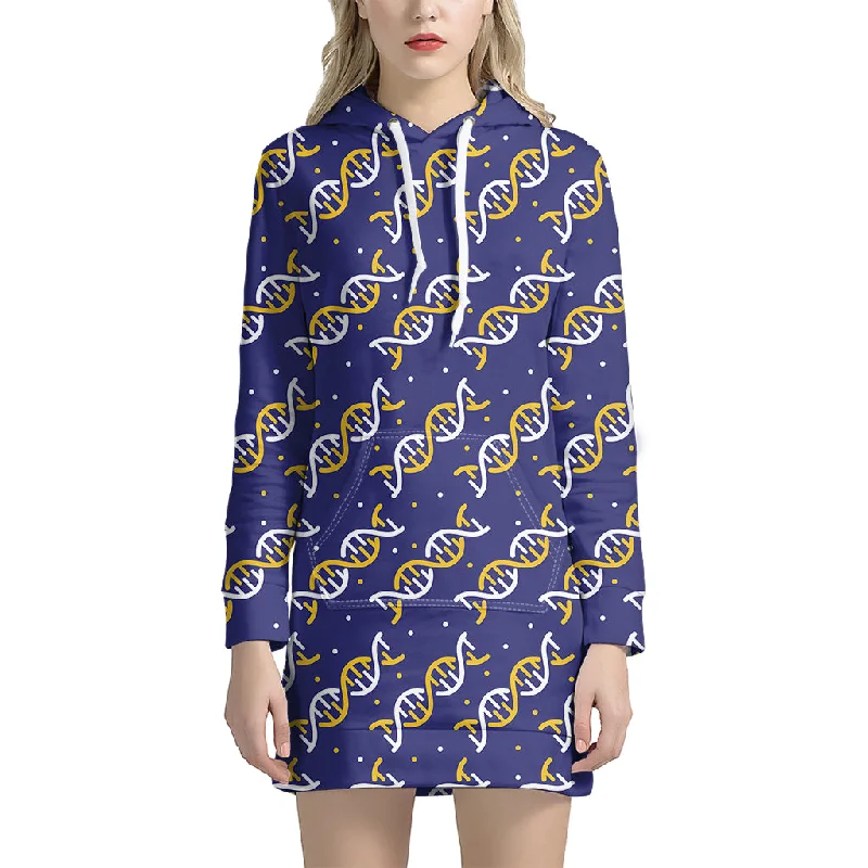 White And Yellow DNA Pattern Print Pullover Hoodie Dress