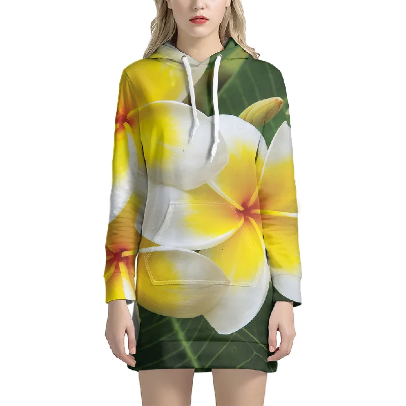 White And Yellow Plumeria Flower Print Pullover Hoodie Dress