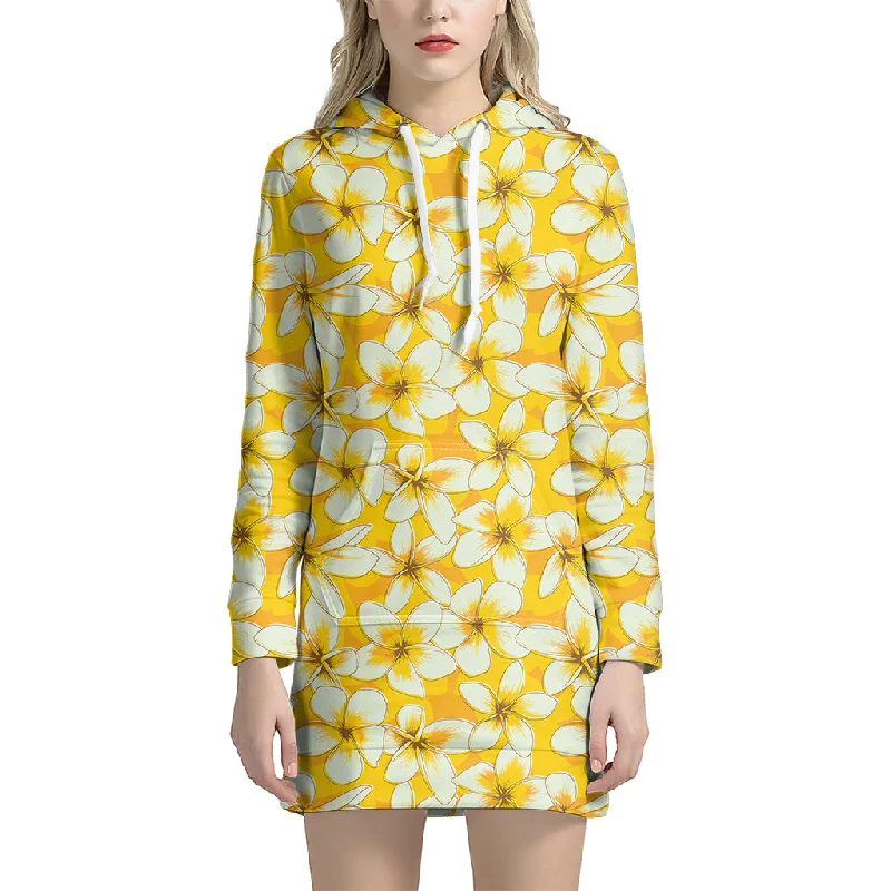 White And Yellow Plumeria Pattern Print Pullover Hoodie Dress