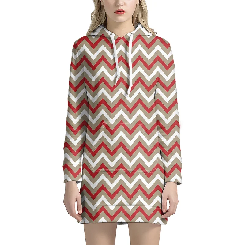 White Beige And Red Chevron Print Pullover Hoodie Dress