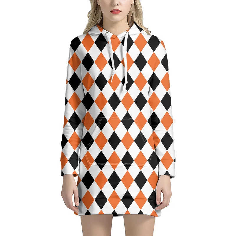 White Black And Orange Harlequin Print Pullover Hoodie Dress