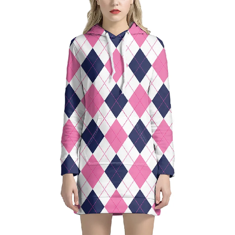 White Blue And Pink Argyle Pattern Print Pullover Hoodie Dress