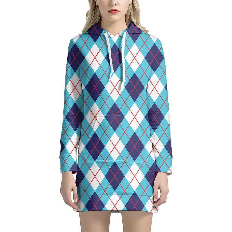 White Blue And Red Argyle Pattern Print Pullover Hoodie Dress