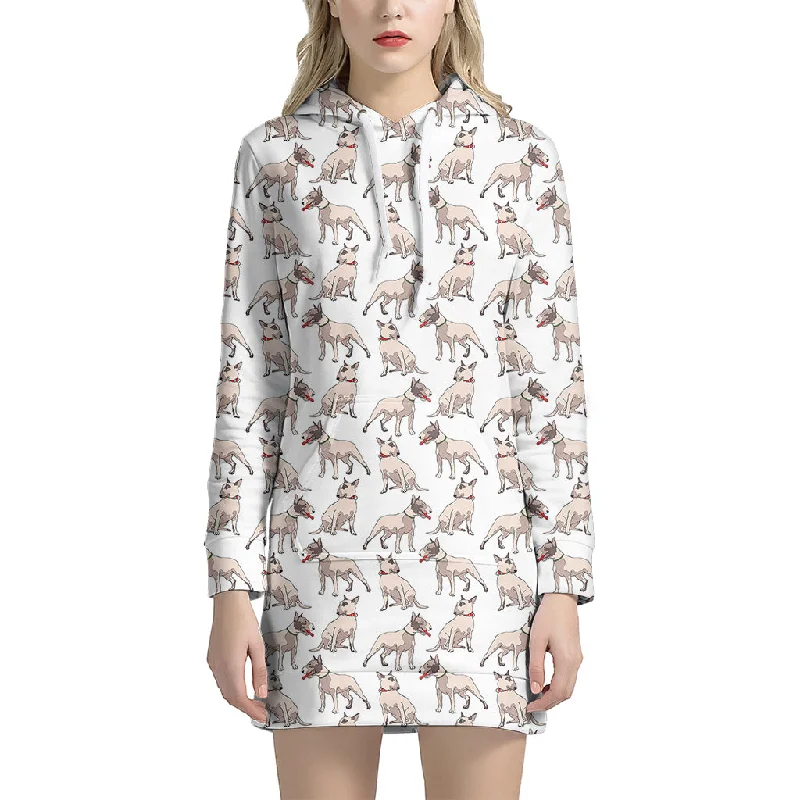 White Bull Terrier Pattern Print Pullover Hoodie Dress