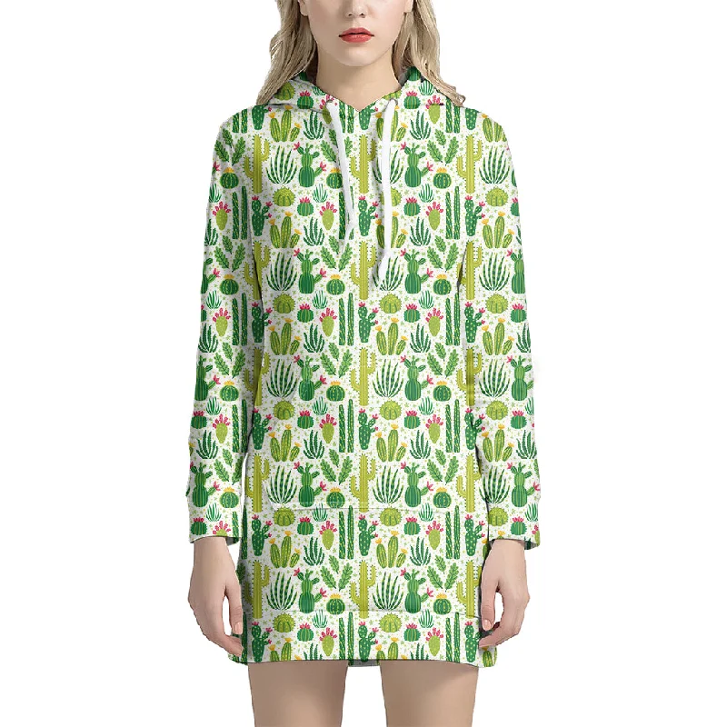 White Cactus Plant Pattern Print Pullover Hoodie Dress