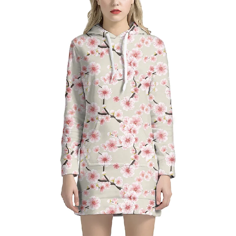 White Cherry Blossom Pattern Print Pullover Hoodie Dress