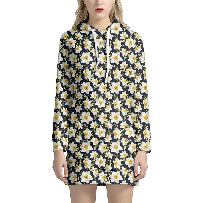 White Daffodil Flower Pattern Print Pullover Hoodie Dress