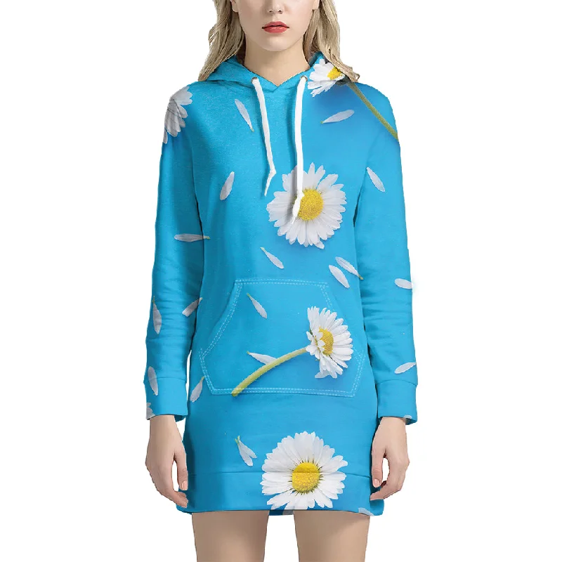 White Daisy Flower Print Pullover Hoodie Dress