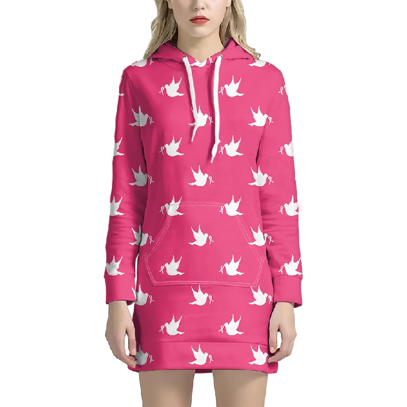 White Dove Breast Cancer Pattern Print Pullover Hoodie Dress