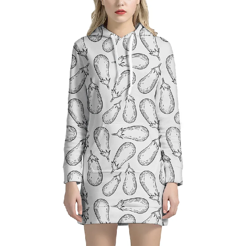 White Eggplant Drawing Print Pullover Hoodie Dress