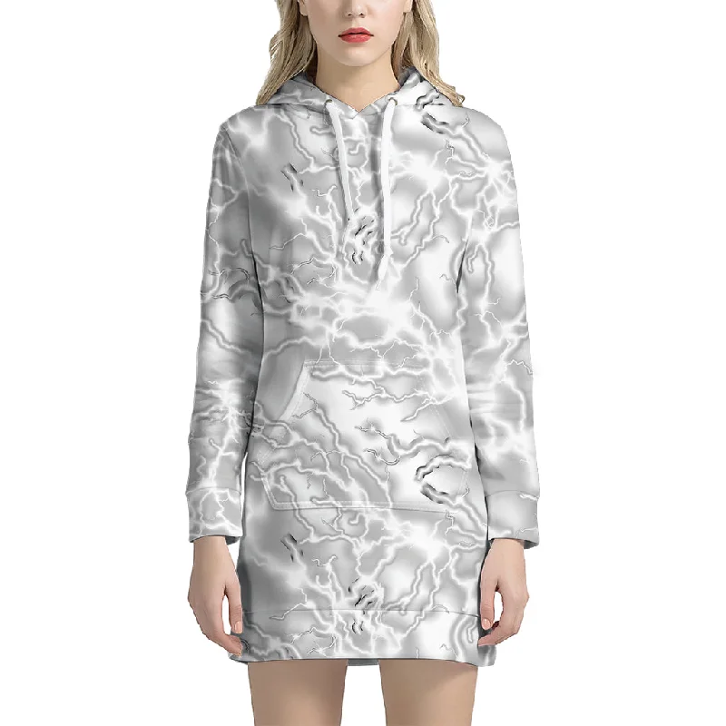 White Electric Lightning Print Pullover Hoodie Dress