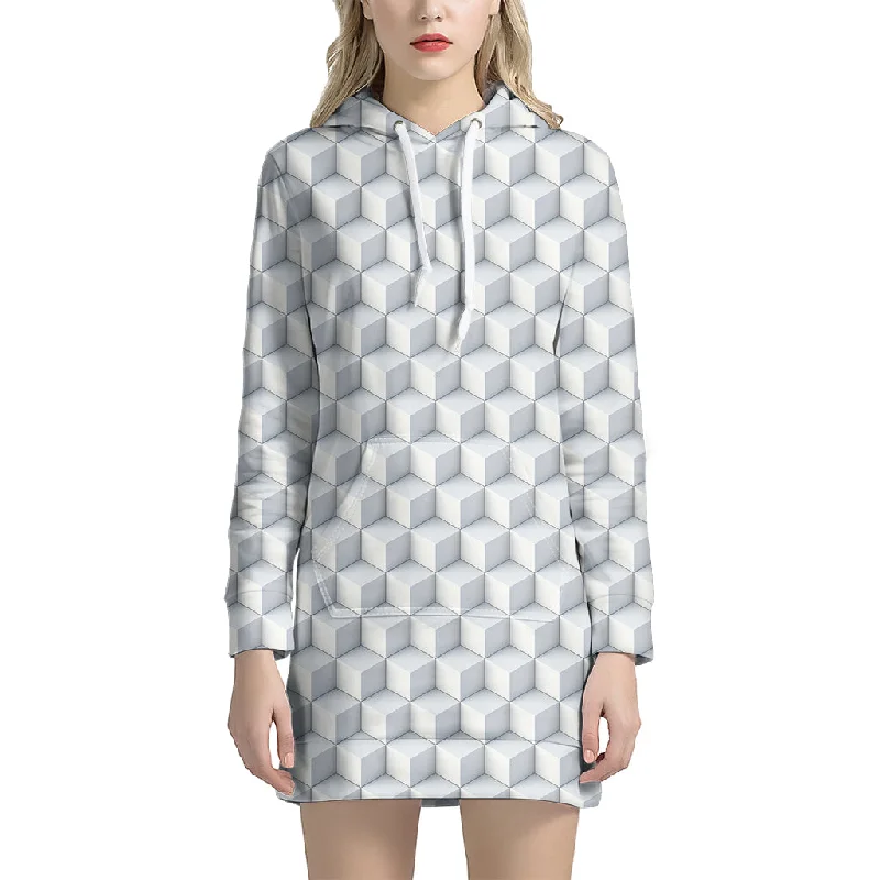 White Geometric Cube Shape Pattern Print Pullover Hoodie Dress