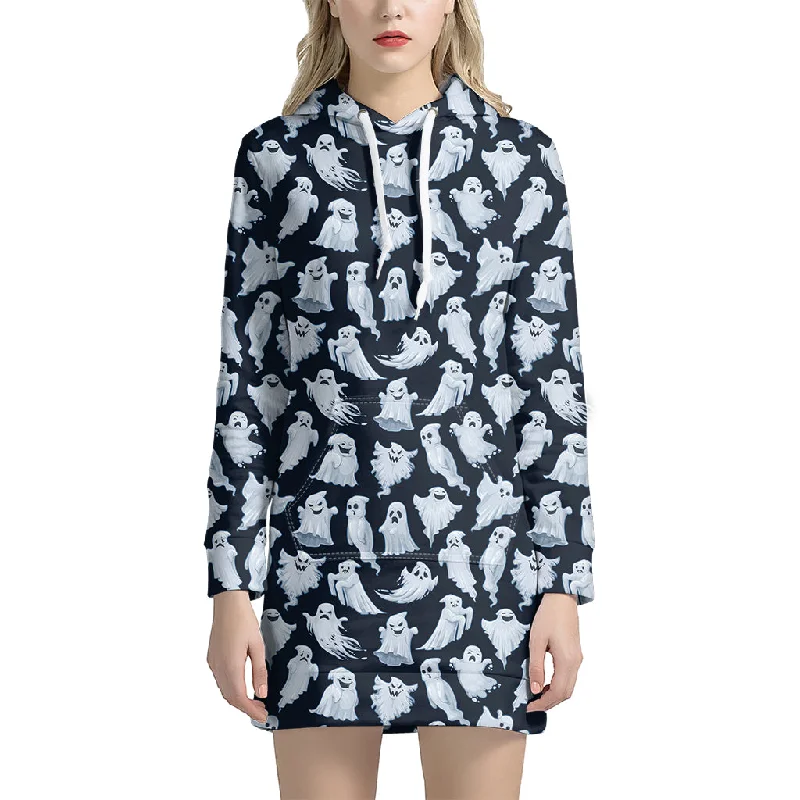 White Ghost Pattern Print Pullover Hoodie Dress