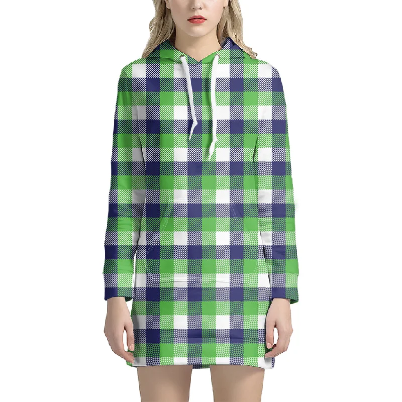 White Green And Blue Buffalo Plaid Print Pullover Hoodie Dress