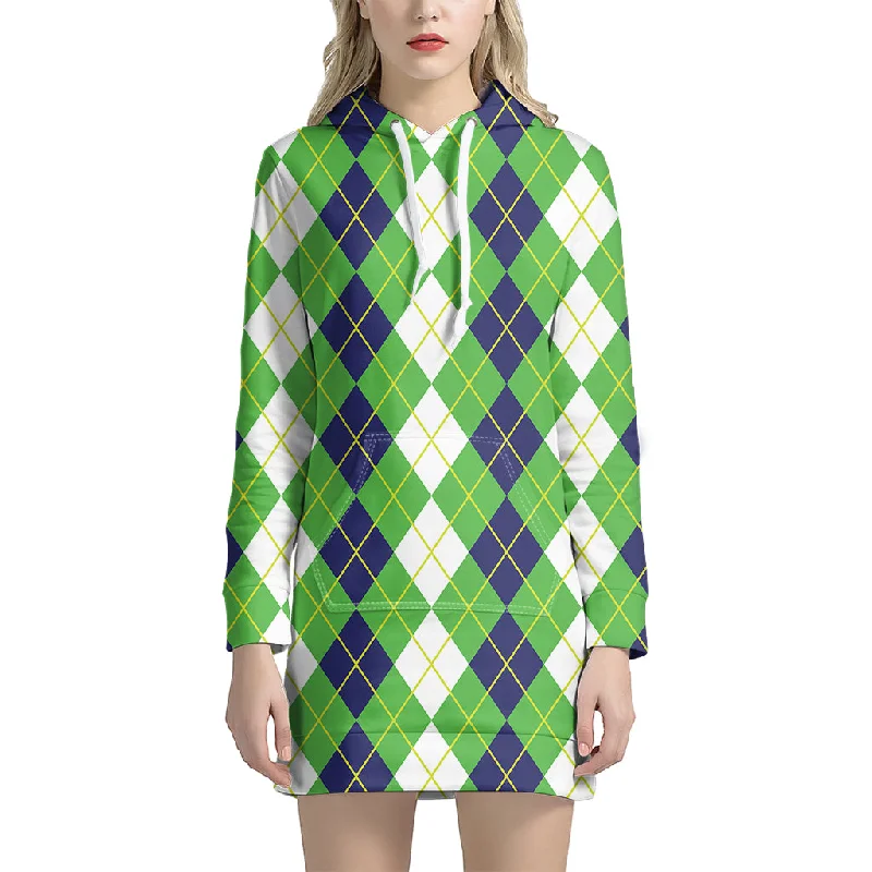 White Green And Navy Argyle Print Pullover Hoodie Dress