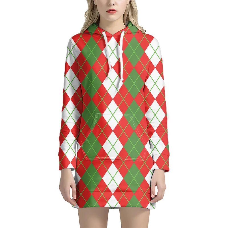 White Green And Red Argyle Pattern Print Pullover Hoodie Dress