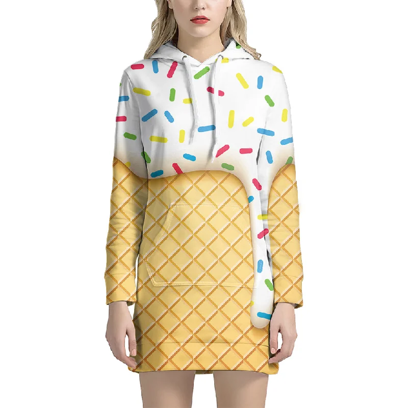 White Ice Cream Melted Print Pullover Hoodie Dress