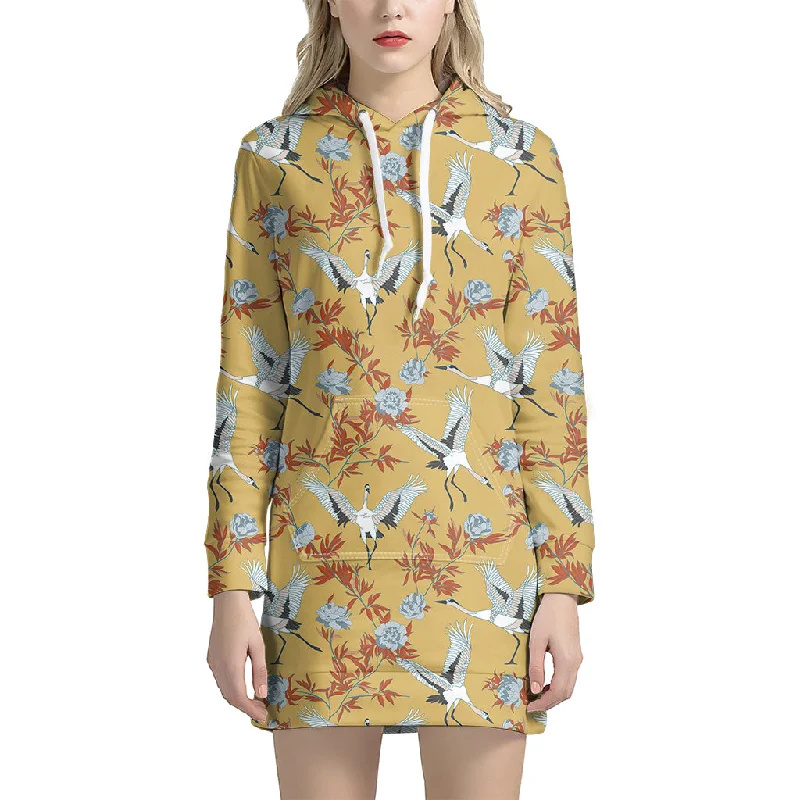 White Japanese Cranes Pattern Print Pullover Hoodie Dress