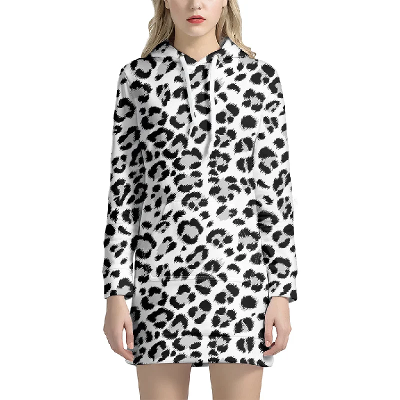 White Leopard Print Pullover Hoodie Dress