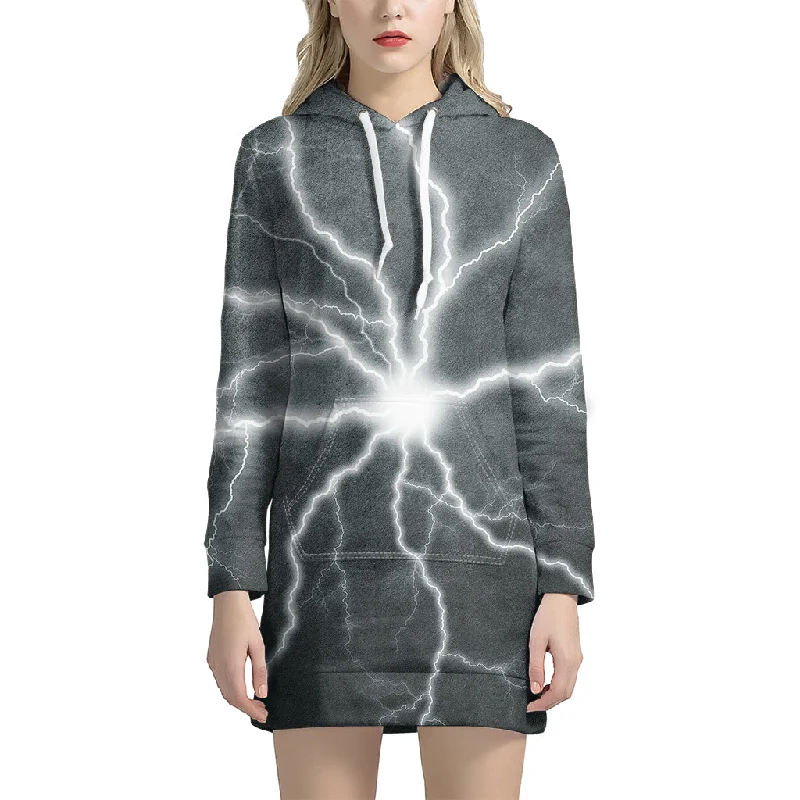 White Lightning Print Pullover Hoodie Dress