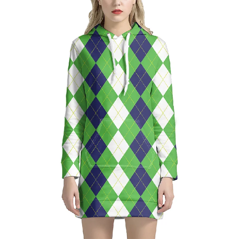 White Navy And Green Argyle Print Pullover Hoodie Dress