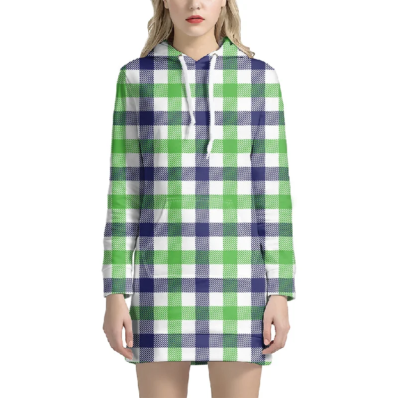 White Navy And Green Plaid Print Pullover Hoodie Dress