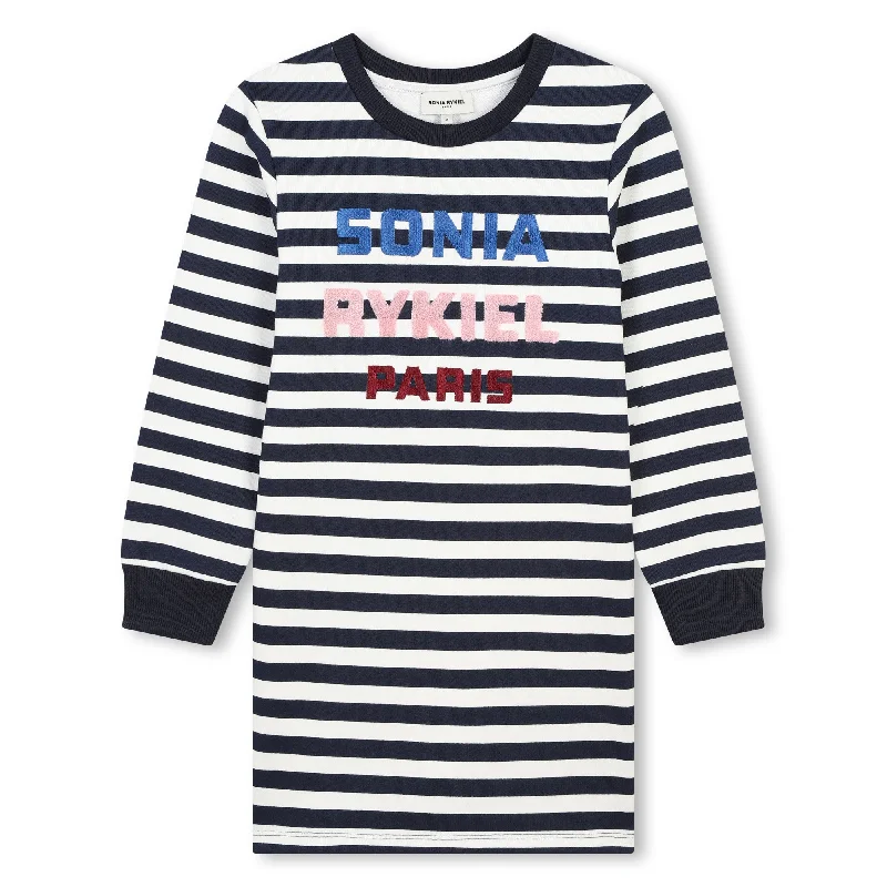 White/Navy Logo Stripes Dress