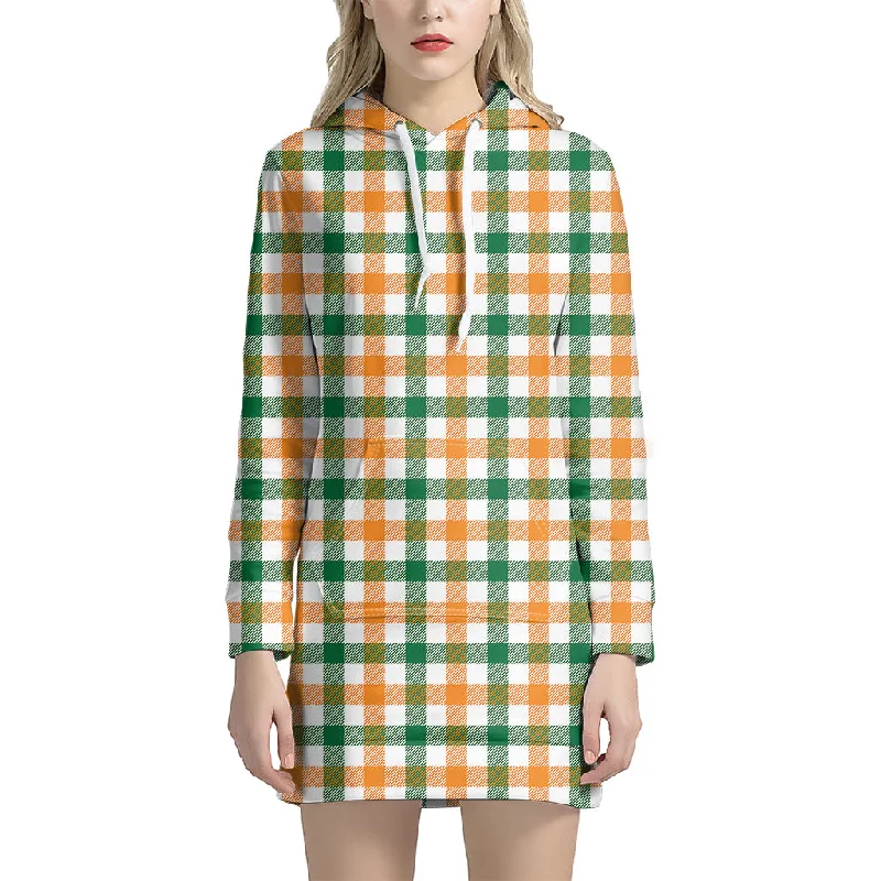 White Orange And Green Plaid Print Pullover Hoodie Dress