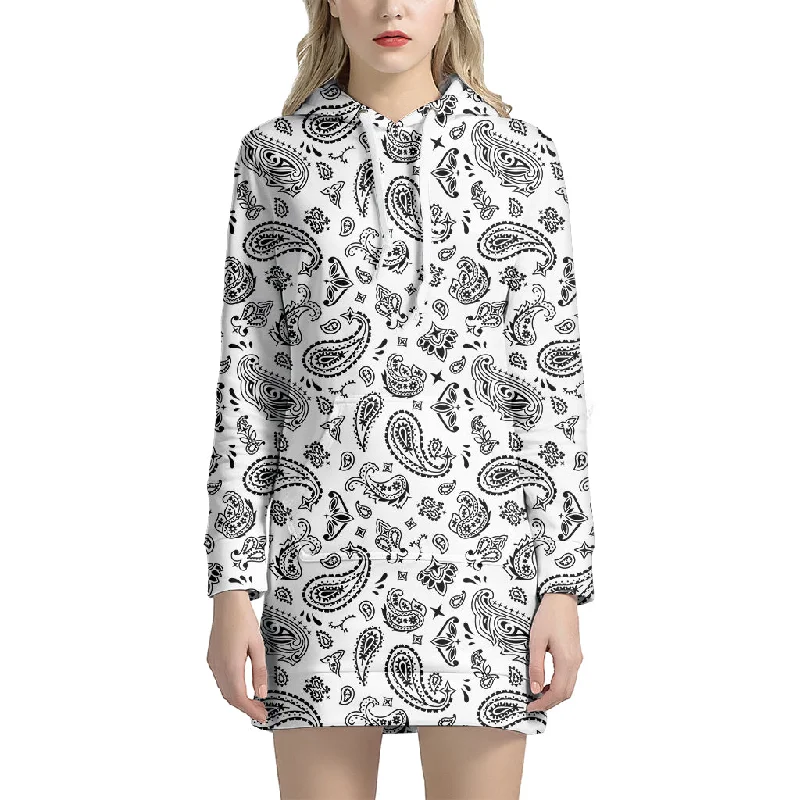 White Paisley Bandana Pattern Print Pullover Hoodie Dress